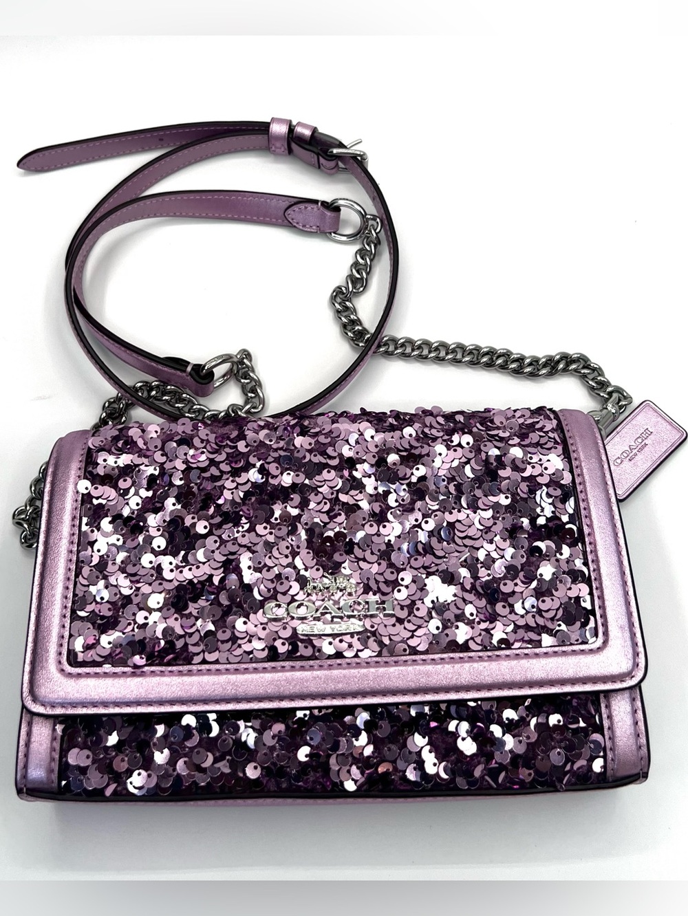 Coach Flap Clutch Crossbody Bag in Lilac Metallic Leather & Sequins